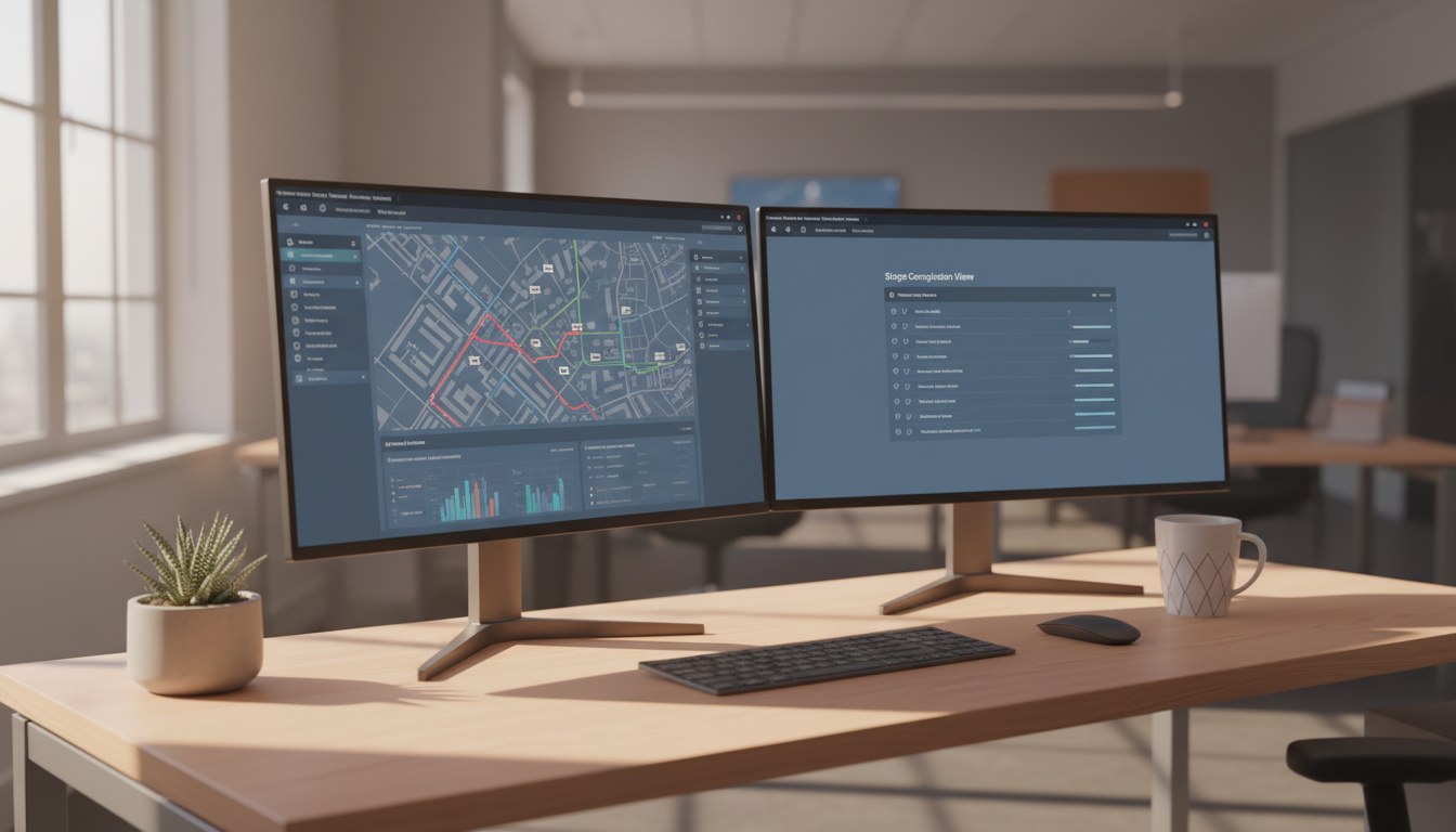 Modern dual-monitor workstation showing operations dashboard and stops-completion view on blue interface
